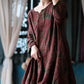 Women Ethnic Flower Worn Loose Long Sleeve Linen Dress