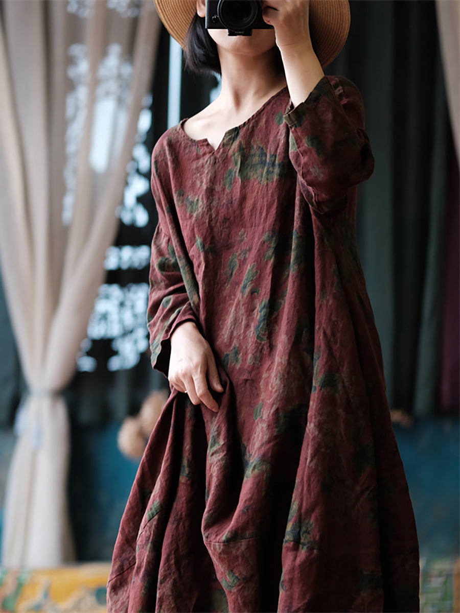 Women Ethnic Flower Worn Loose Long Sleeve Linen Dress