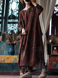 Women Ethnic Flower Worn Loose Long Sleeve Linen Dress