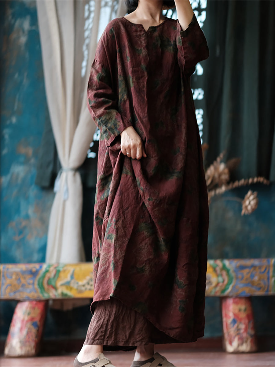 Women Ethnic Flower Worn Loose Long Sleeve Linen Dress