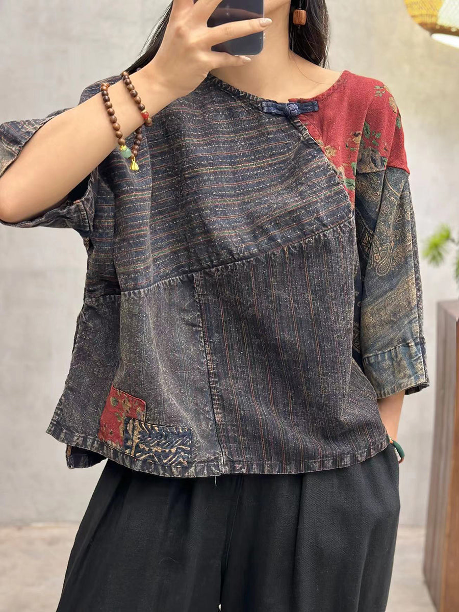 Women Summer Vintage Spliced Cotton Shirt