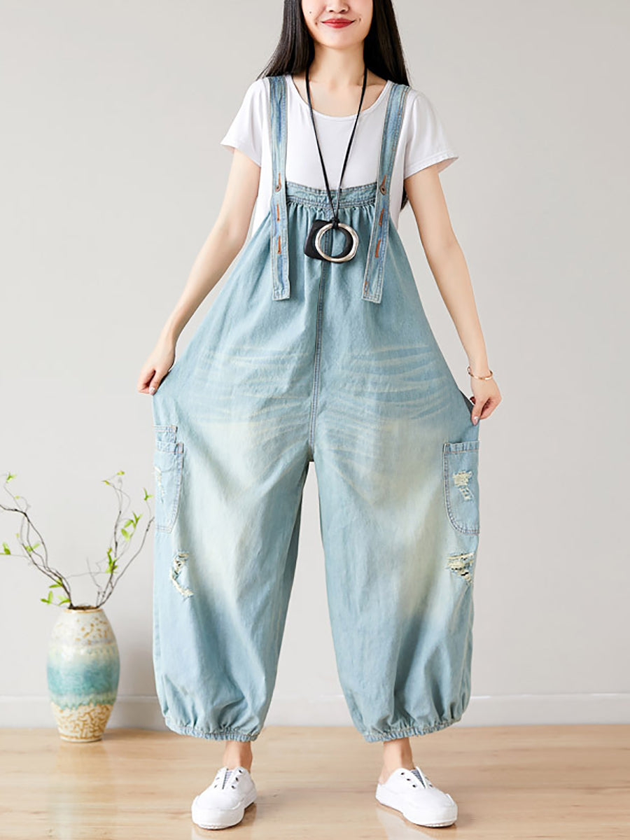 Women Summer  Retro Frayed Washed Denim Jumpsuits