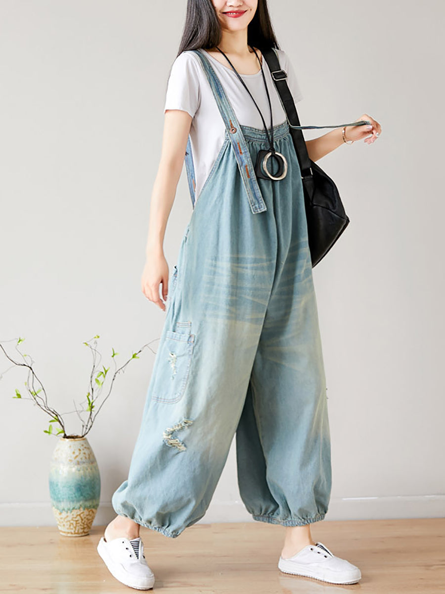 Women Summer  Retro Frayed Washed Denim Jumpsuits