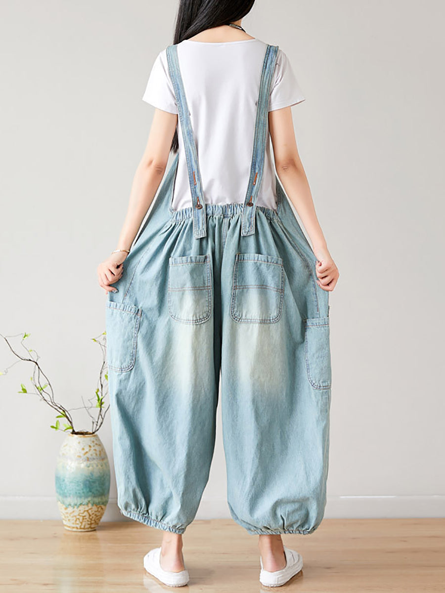 Women Summer  Retro Frayed Washed Denim Jumpsuits