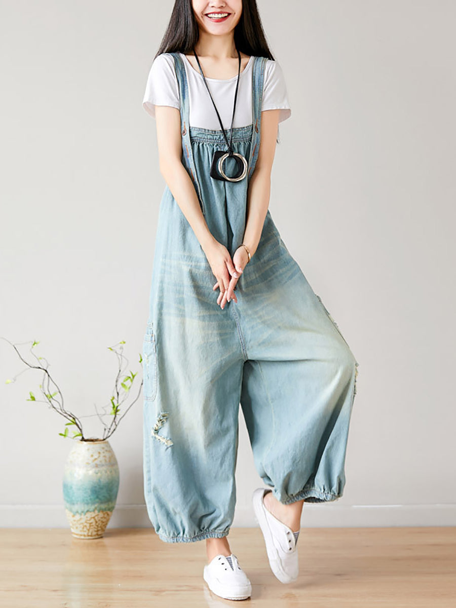 Women Summer  Retro Frayed Washed Denim Jumpsuits