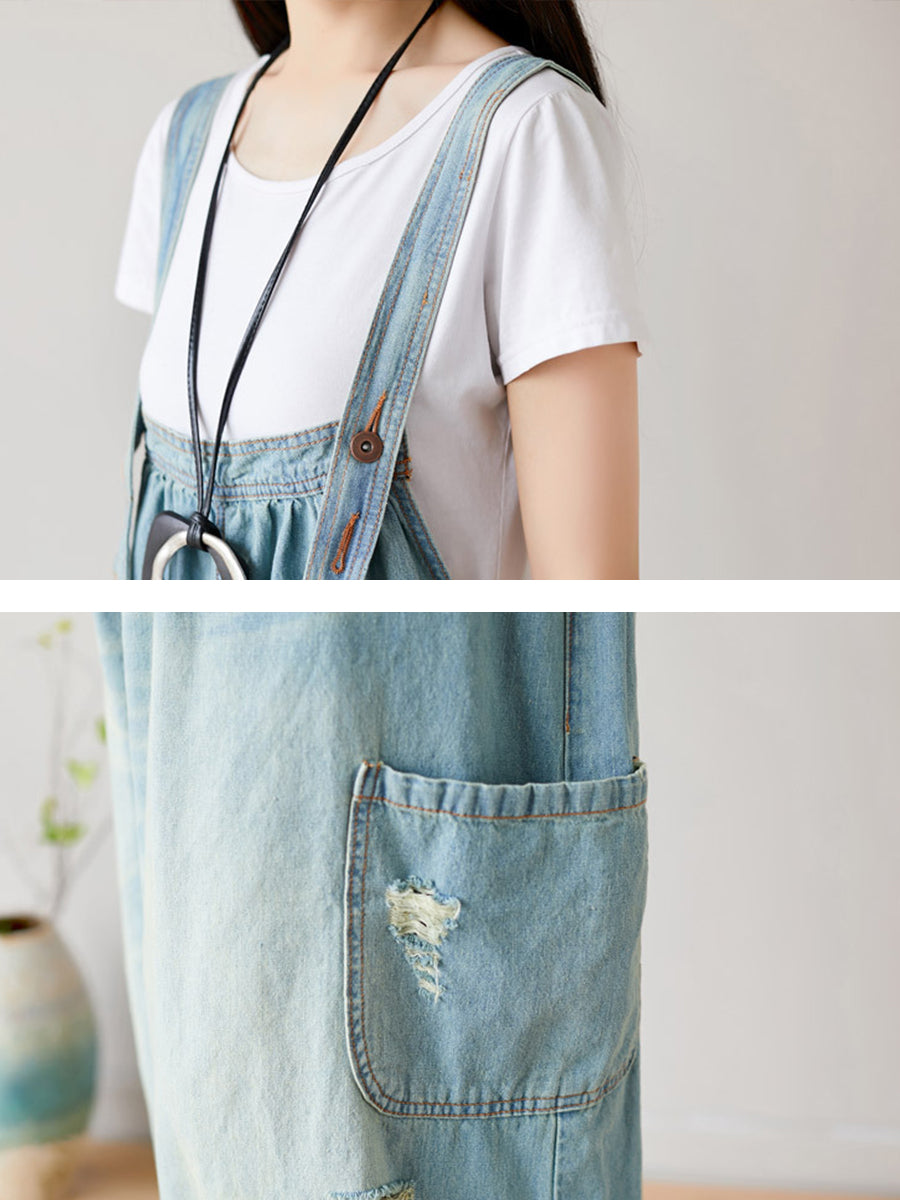 Women Summer  Retro Frayed Washed Denim Jumpsuits