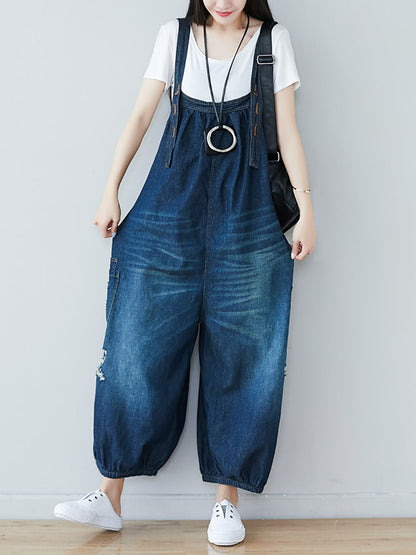 Women Summer  Retro Frayed Washed Denim Jumpsuits