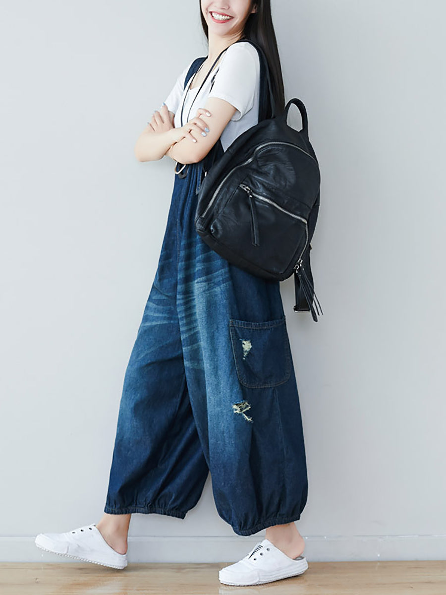 Women Summer  Retro Frayed Washed Denim Jumpsuits