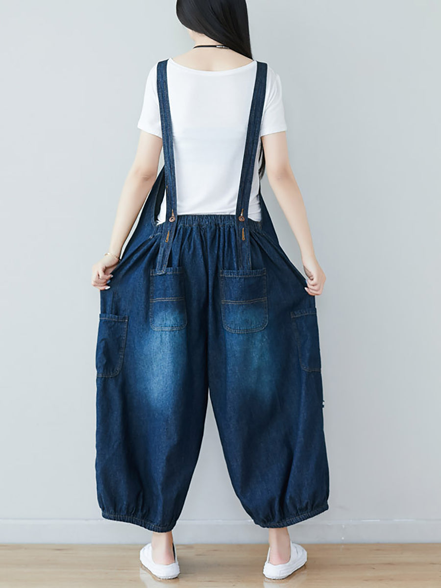 Women Summer  Retro Frayed Washed Denim Jumpsuits