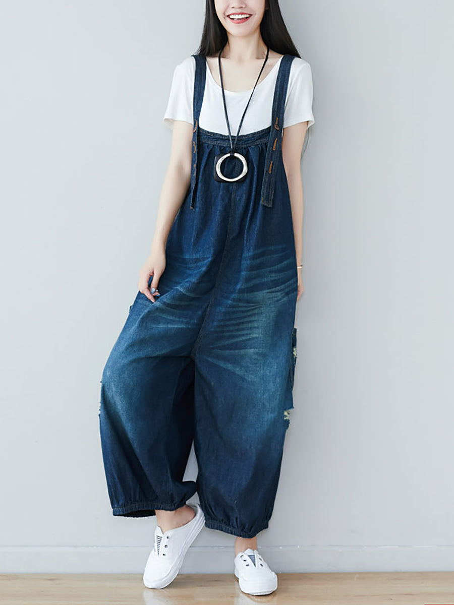 Women Summer  Retro Frayed Washed Denim Jumpsuits