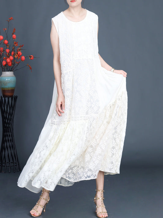 Women Artsy Summer Lace Embroidery Dual-layer Vest Dress