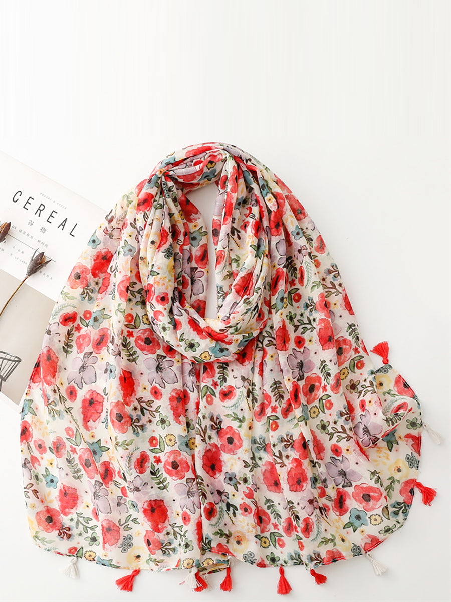 Women Travel Artsy Flower Tassel Shawl Scarf