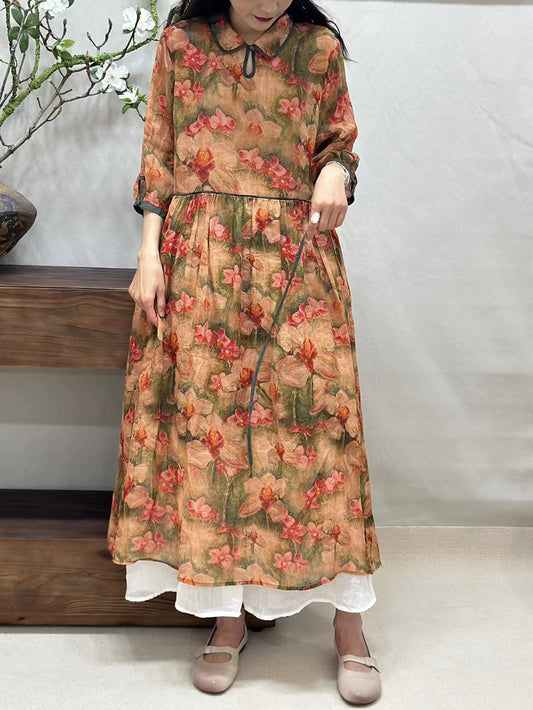 Women Summer Vintage Flower Turn-down Collar Ramie Dress