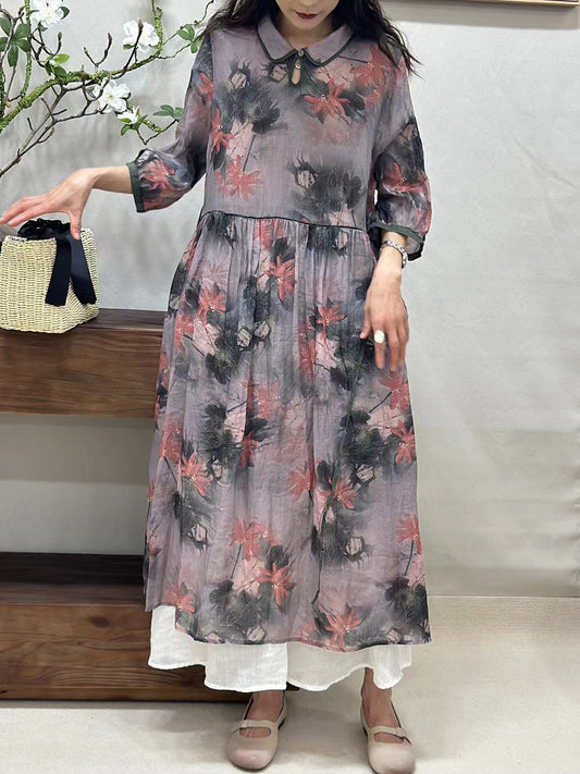 Women Summer Vintage Flower Turn-down Collar Ramie Dress