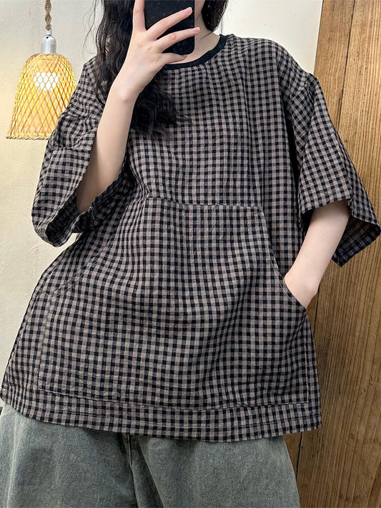 Women Summer Vintage Plaid Spliced Linen Shirt