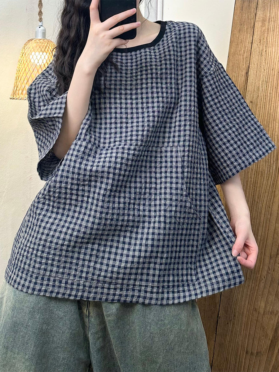 Women Summer Retro Plaid O-Neck Pocket Loose Shirt