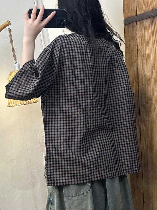 Women Summer Vintage Plaid Spliced Linen Shirt