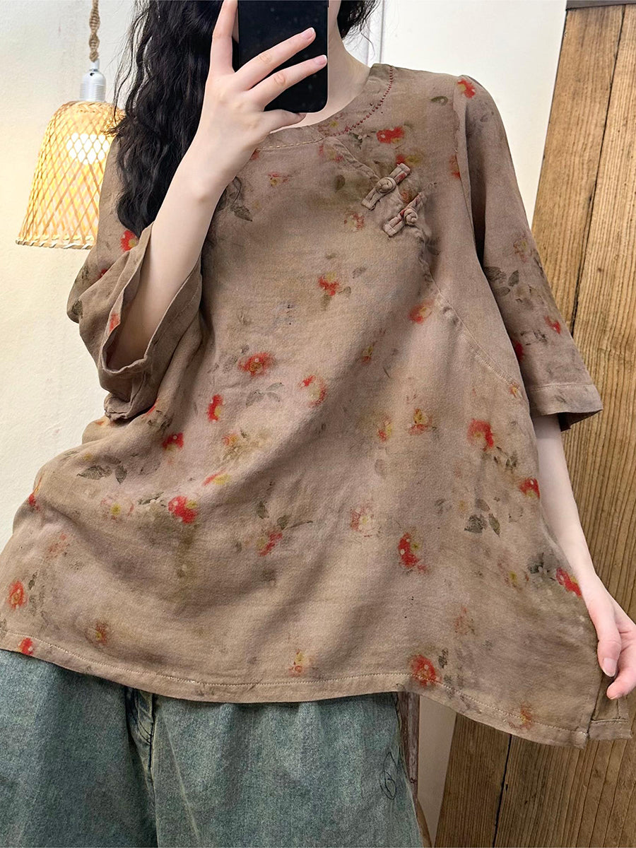 Women Summer Vintage Floral O-Neck Buckle Cotton Shirt