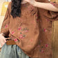 Women Summer Vintage Floral O-Neck Buckle Cotton Shirt