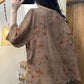 Women Summer Vintage Floral O-Neck Buckle Cotton Shirt