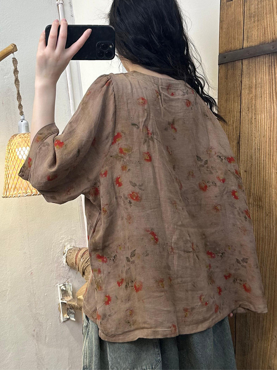 Women Summer Vintage Floral O-Neck Buckle Cotton Shirt