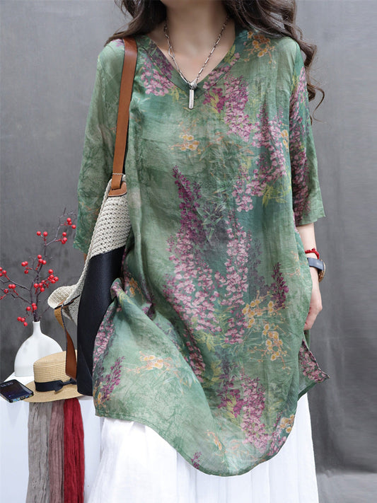 Women Summer Vintage Flower V-Neck Ramie Long Shirt