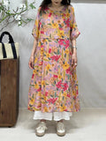 Women Summer Artsy Floral Strap O-Neck Ramie Dress