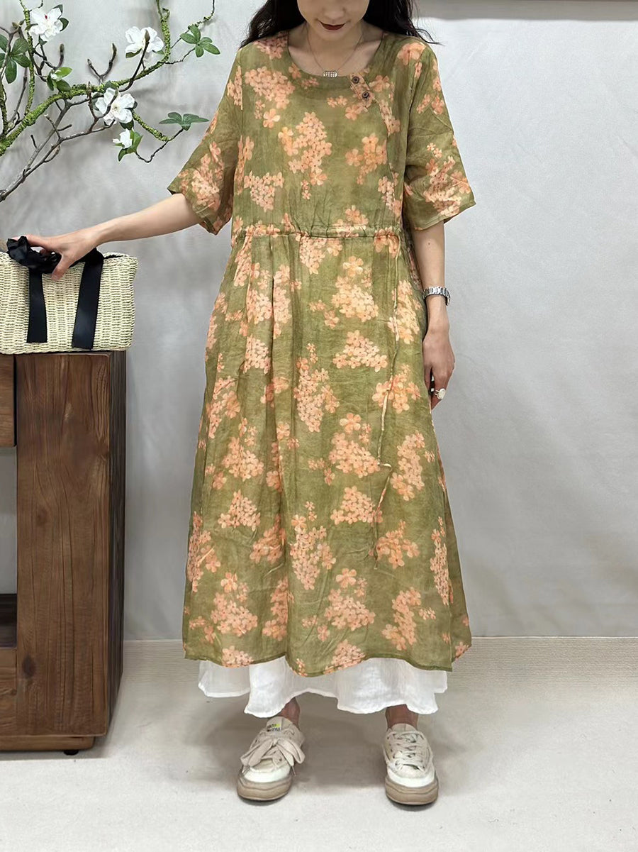 Women Summer Artsy Floral Strap O-Neck Ramie Dress