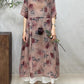 Women Summer Artsy Floral Strap O-Neck Ramie Dress