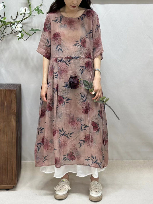 Women Summer Artsy Floral Strap O-Neck Ramie Dress