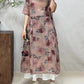 Women Summer Artsy Floral Strap O-Neck Ramie Dress