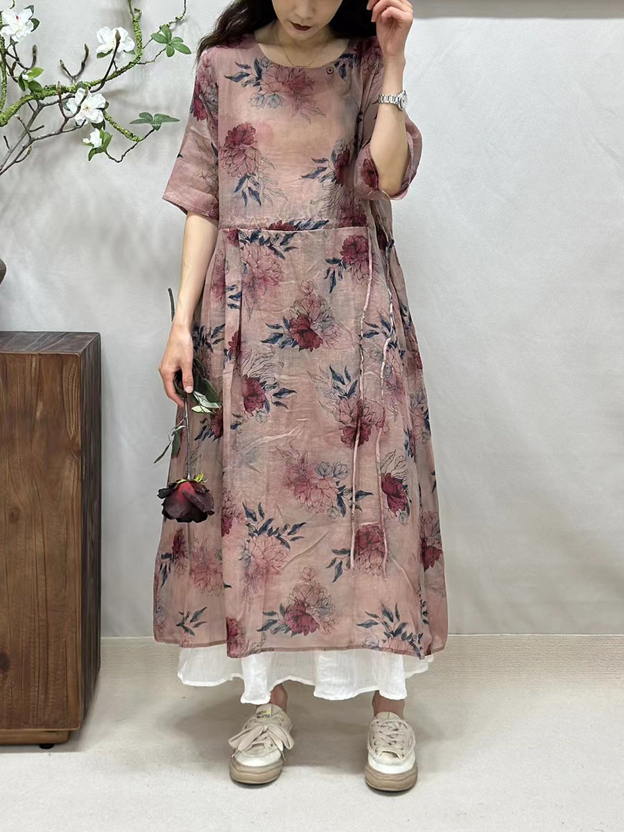 Women Summer Artsy Floral Strap O-Neck Ramie Dress