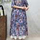 Women Summer Artsy Floral Strap O-Neck Ramie Dress