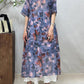 Women Summer Artsy Floral Strap O-Neck Ramie Dress