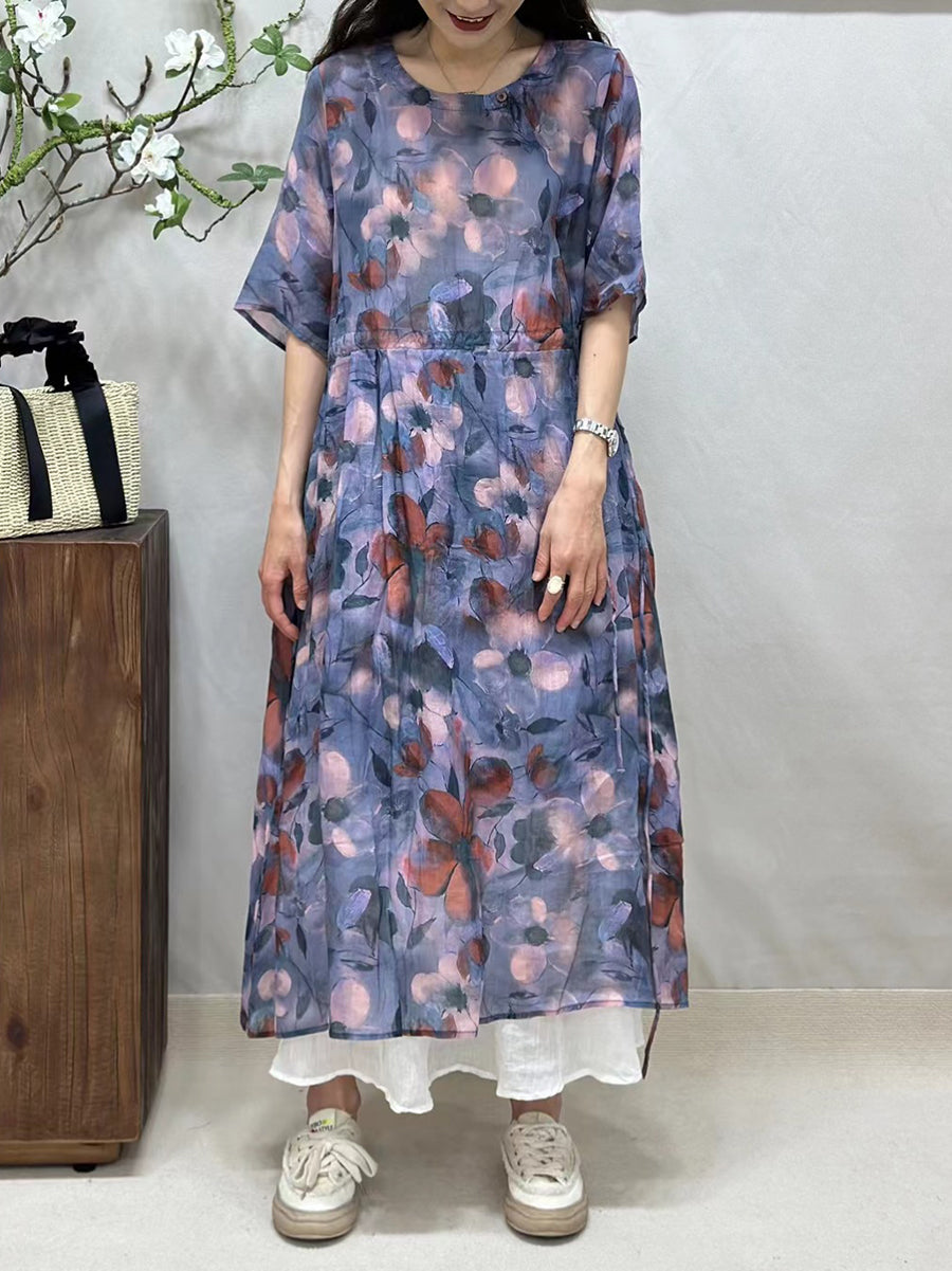 Women Summer Artsy Floral Strap O-Neck Ramie Dress