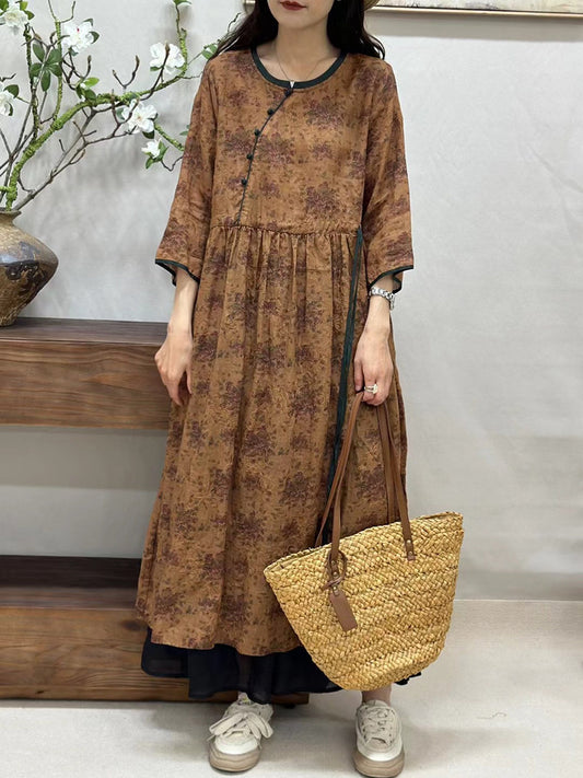 Women Summer Vintage Floral Spliced Ramie Loose Dress