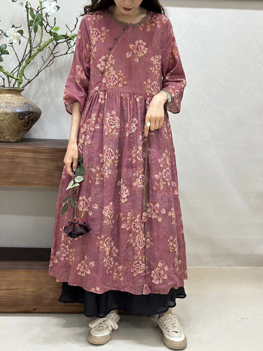 Women Summer Vintage Floral Spliced Ramie Loose Dress