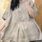 Women Summer Artsy Shirred Button Linen Loose Shirt