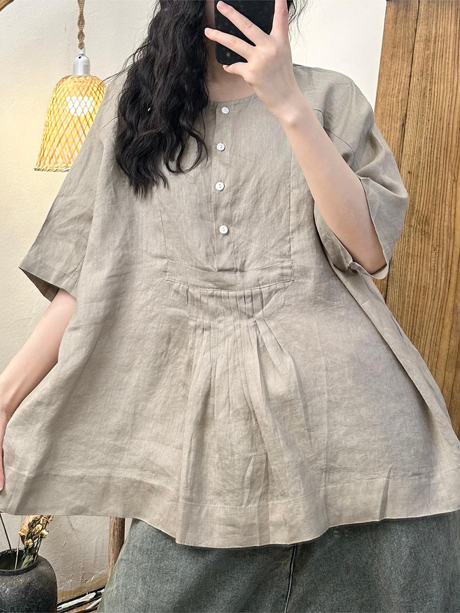 Women Summer Artsy Shirred Button Linen Loose Shirt