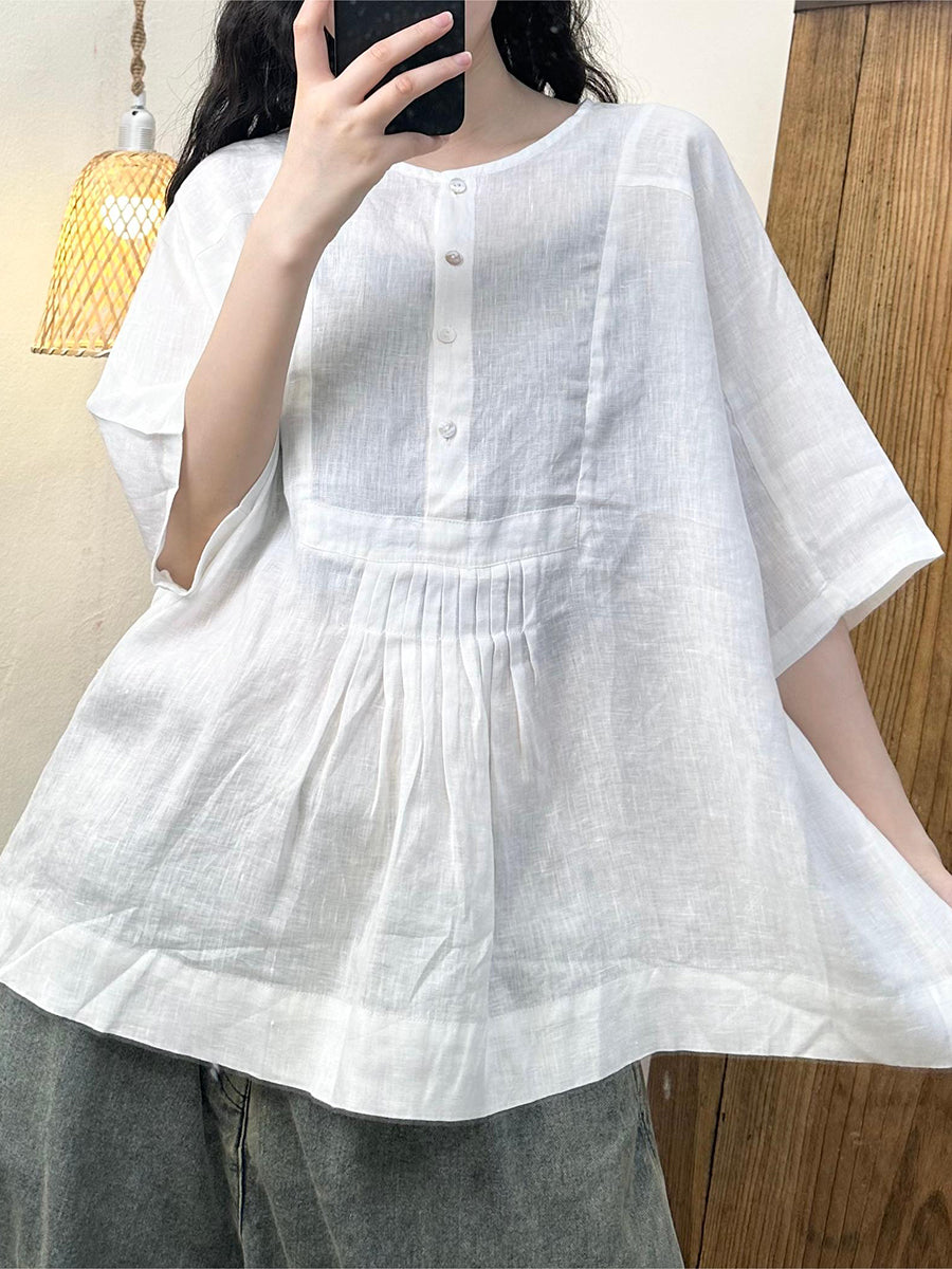 Women Summer Artsy Shirred Button Linen Loose Shirt