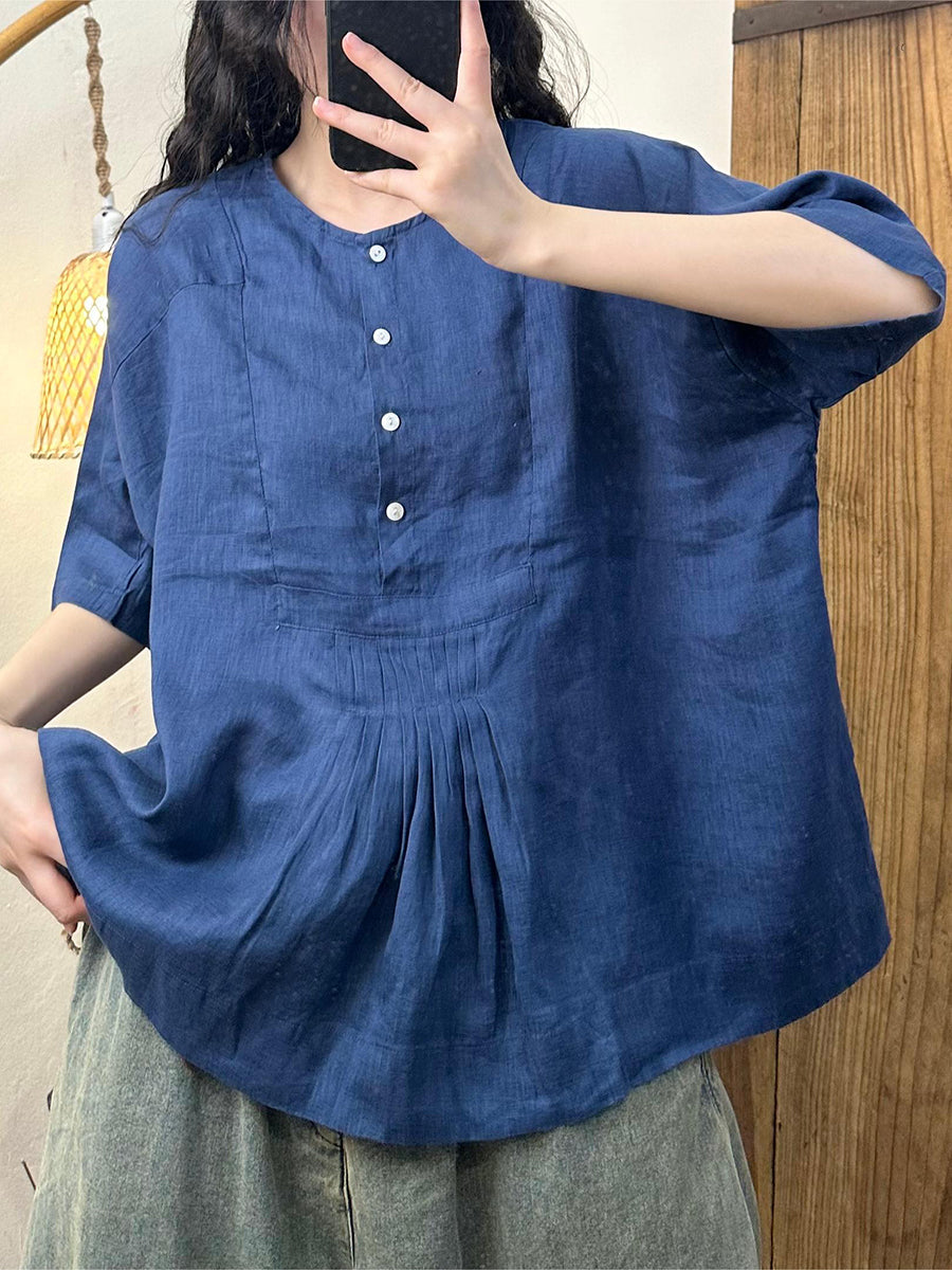 Women Summer Artsy Shirred Button Linen Loose Shirt