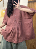 Women Summer Artsy Shirred Button Linen Loose Shirt