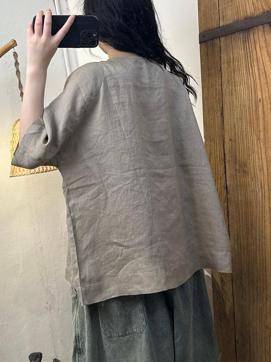 Women Summer Artsy Shirred Button Linen Loose Shirt