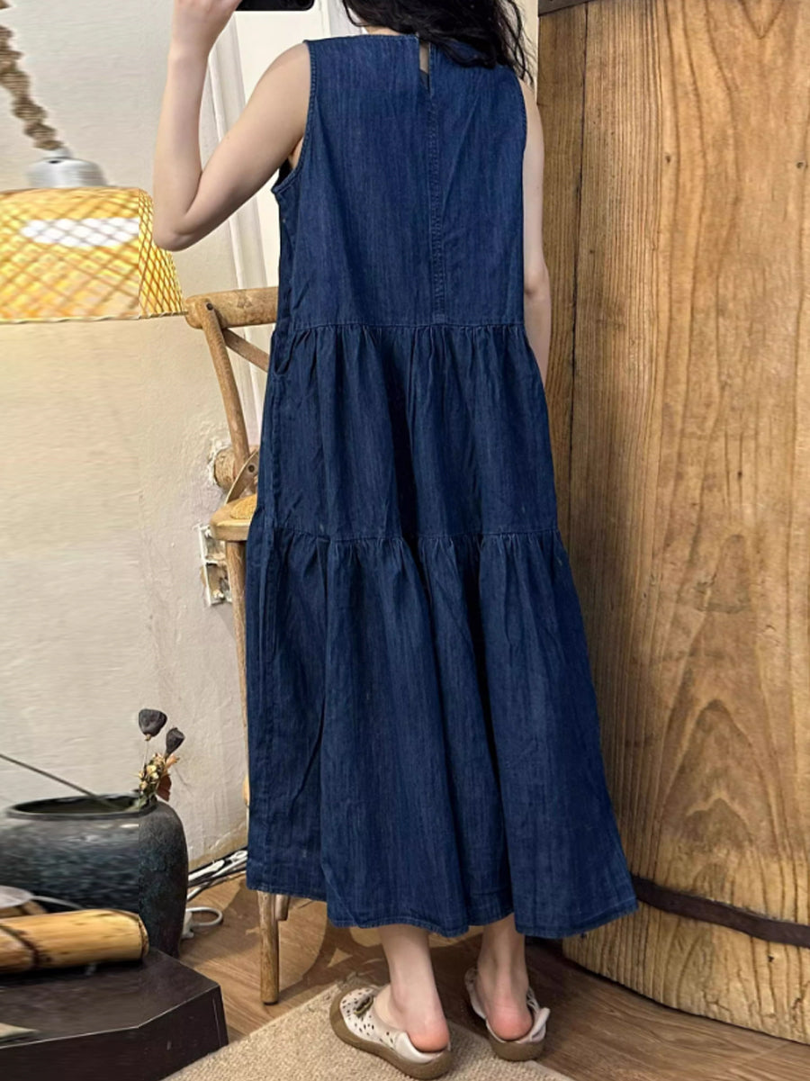 Women Summer Artsy Solid Spliced Denim Vest Dress