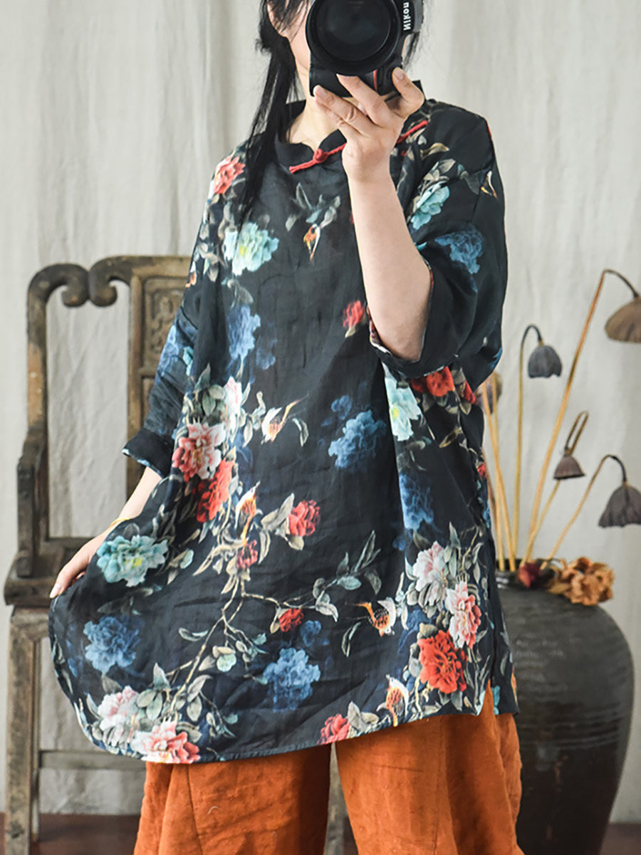 Women Vintage Floral Ramie Split Hem Stand Collar Shirt