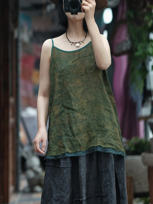 Women Summer Vintage Tie-dye Spliced Ramie Vest