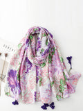 Women Artsy Flower Purple Tassel Shawl Scarf