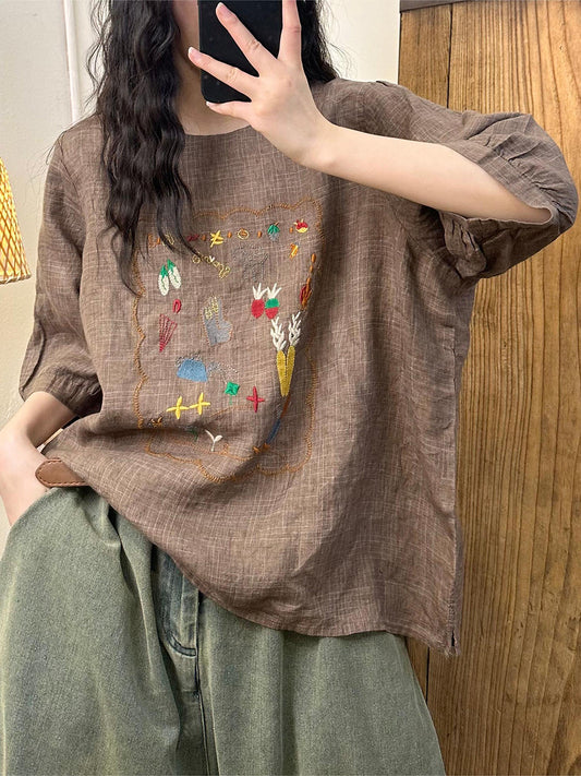 Women Summer Artsy Embroidery Linen Shirt