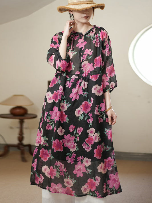 Women Summer Artsy Flower Thin Ramie Dress