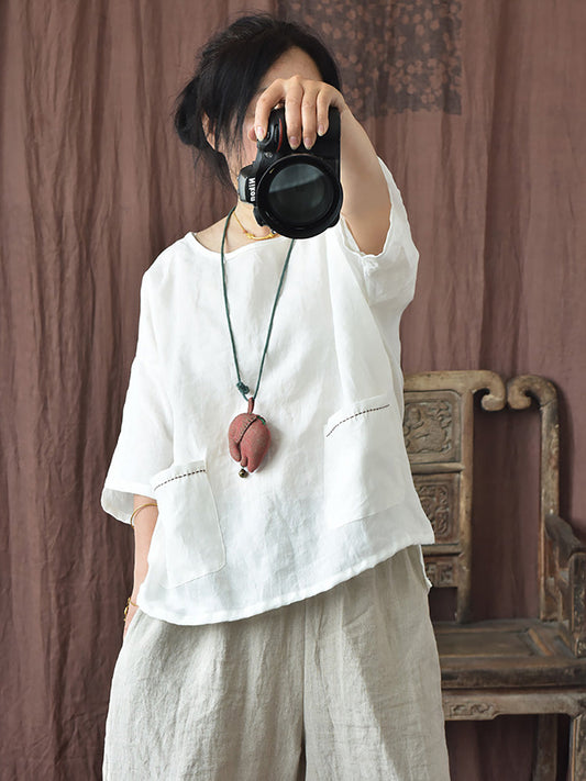 Women Summer Vintage Solid Loose Ramie Shirt